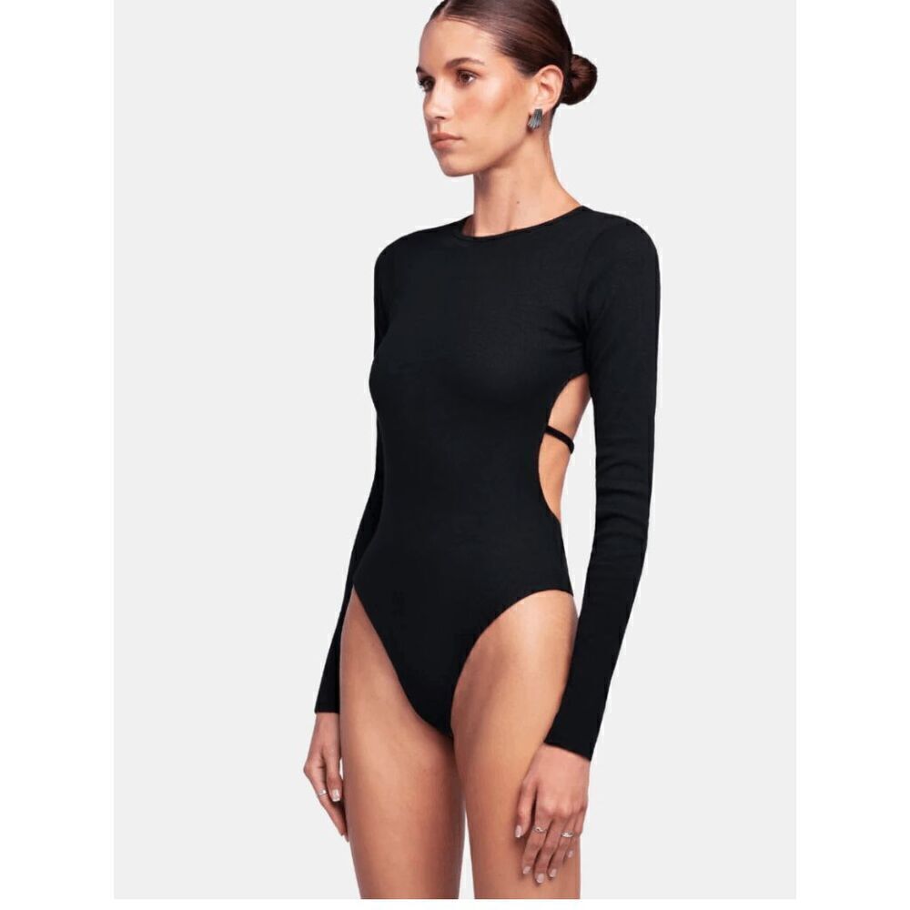 OW Collection STAN Black Ribbed Thong Bodysuit XS - Repaired